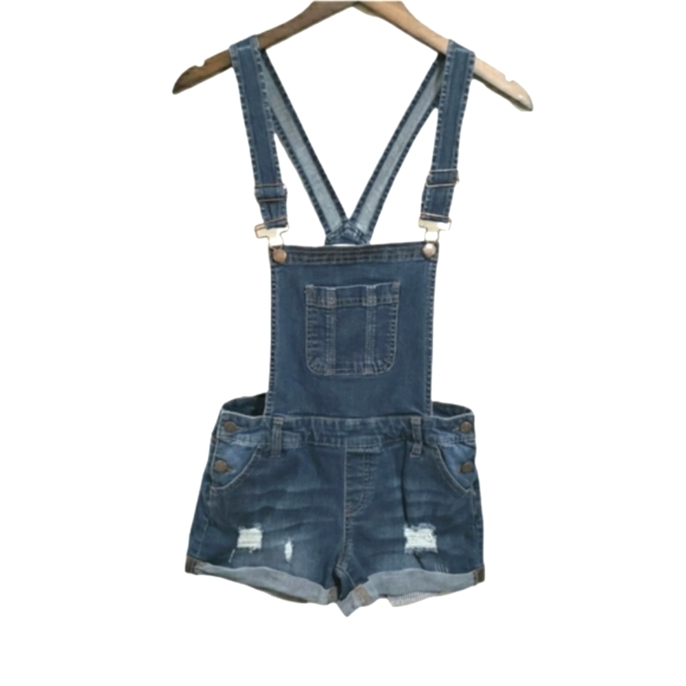 Junior's Distressed Blue Basic Denim Overall Shorts Size Small